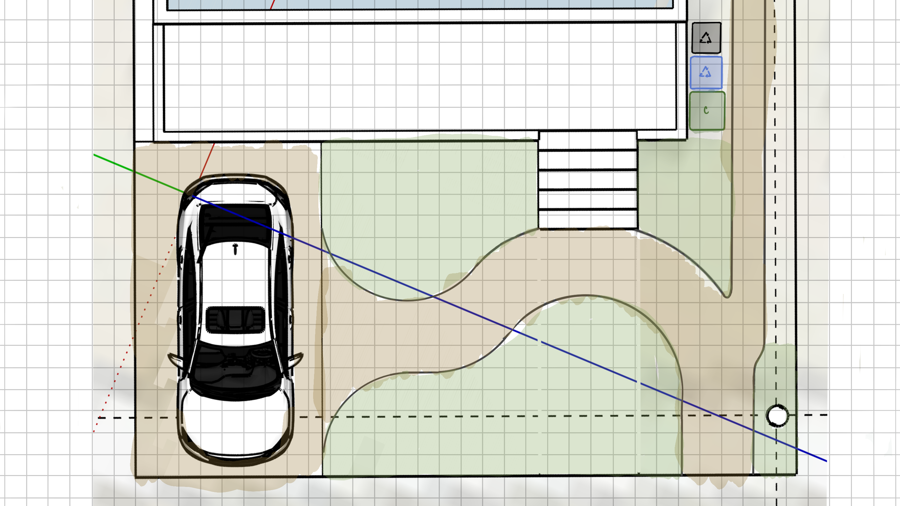 Landscape design plan for a driveway and garden area with text and grid lines.